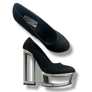 Italina Women 8.5 Black Glitter Silver Mirror Platform Open Negative Space Heels